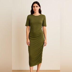 GAP Olive Green Ruched Midi T-Shirt Dress – Size S